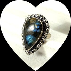 ~Size 6-6 1/4~Elegant, Iridescent Labradorite Teardrop Ring/Silver Detailing.